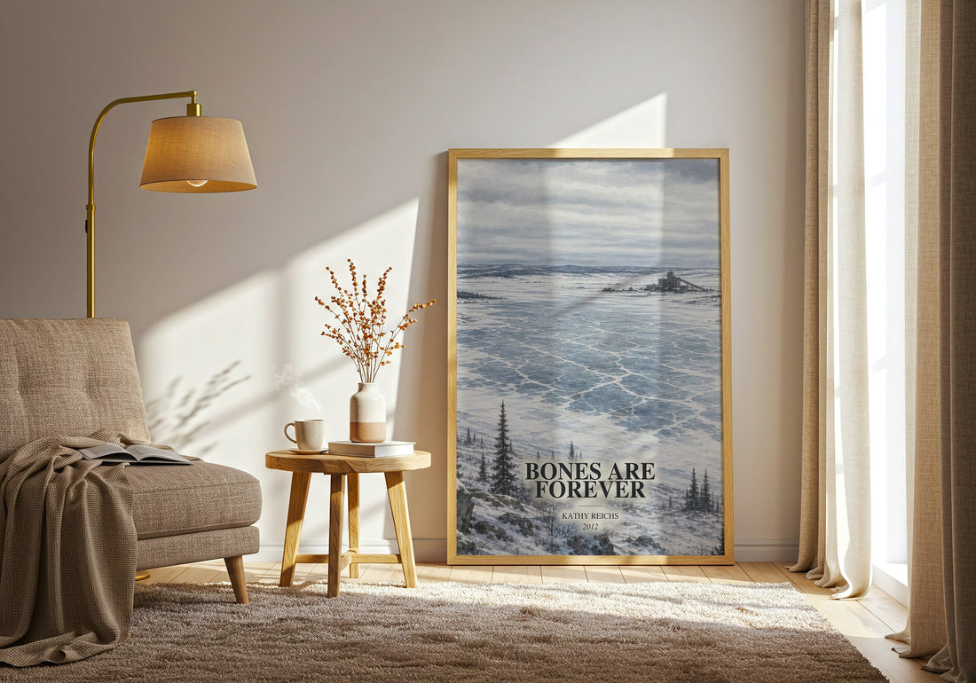 Bones Are Forever watercolour print in frame leaning in hallway – crime wall art (mockup)