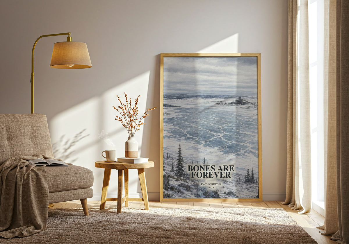 Bones Are Forever watercolour print in frame leaning in hallway – crime wall art (mockup)