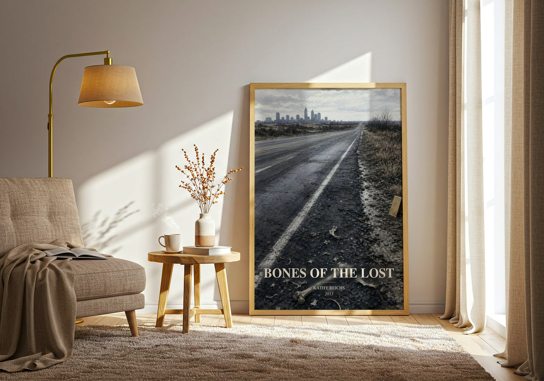 Bones of the Lost watercolour print in frame leaning in hallway – crime wall art (mockup)