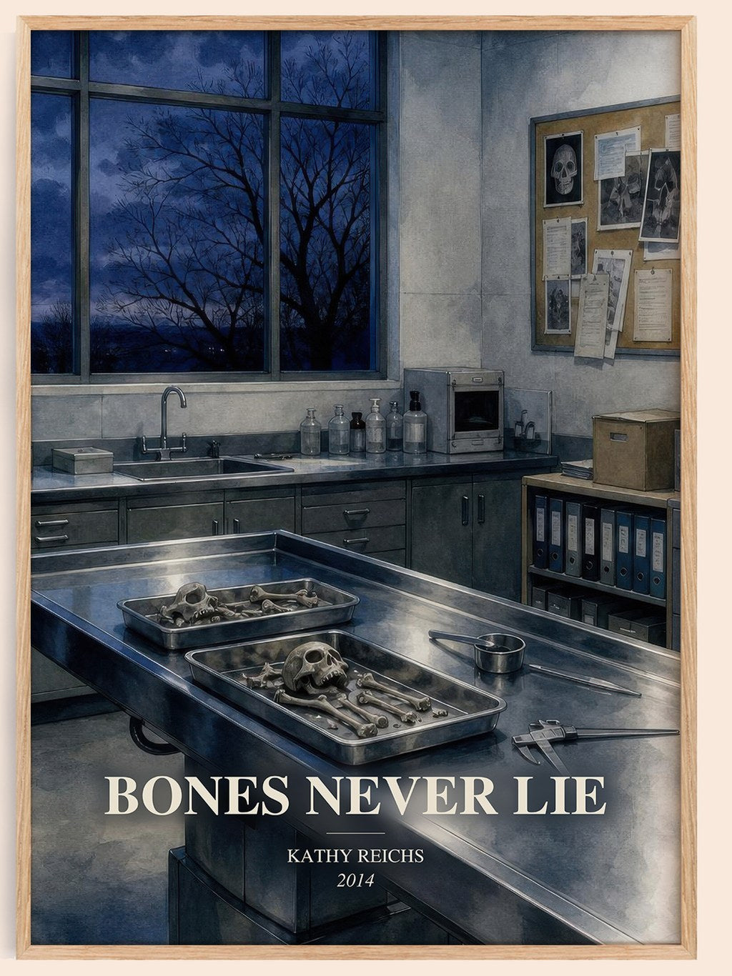 Bones Never Lie watercolour book poster by Kathy Reichs – framed literary art print