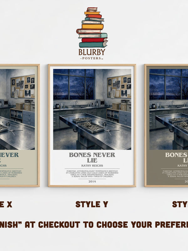 Bones Never Lie bookish print in frame leaning in hallway – crime wall art