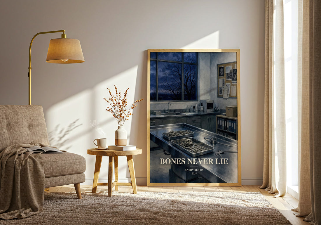 Bones Never Lie watercolour print in frame leaning in hallway – crime wall art (mockup)