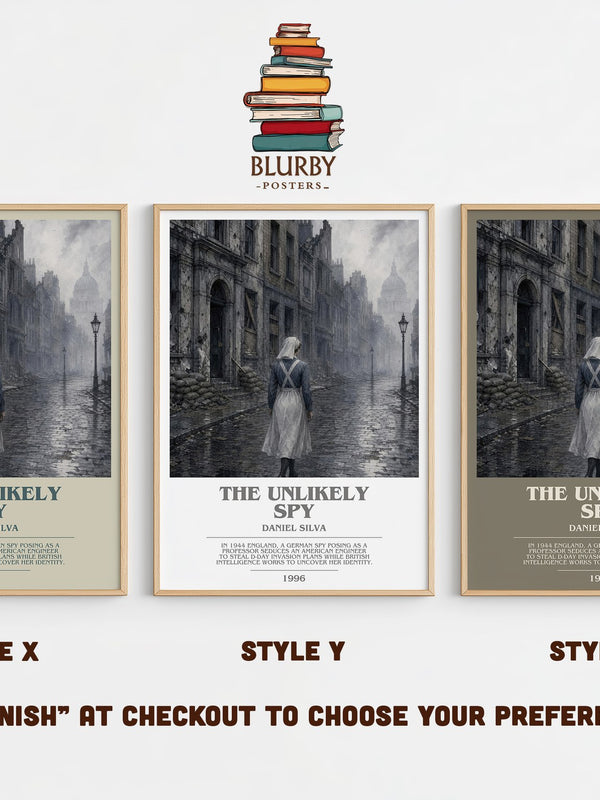 The Unlikely Spy bookish print in frame leaning in hallway – thriller wall art