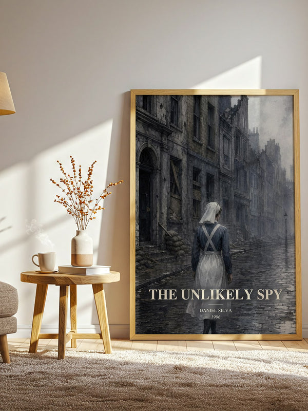 The Unlikely Spy watercolour print in frame leaning in hallway – thriller wall art