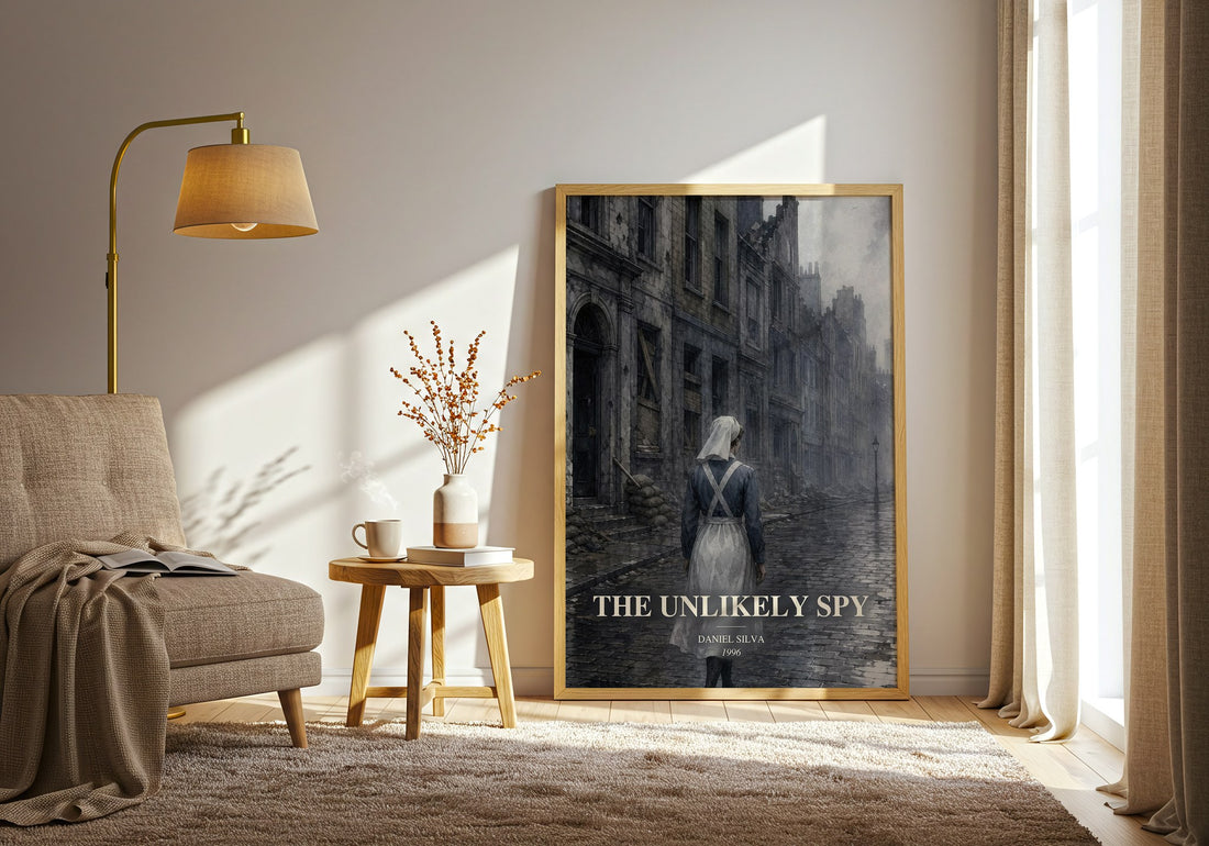 The Unlikely Spy watercolour print in frame leaning in hallway – thriller wall art