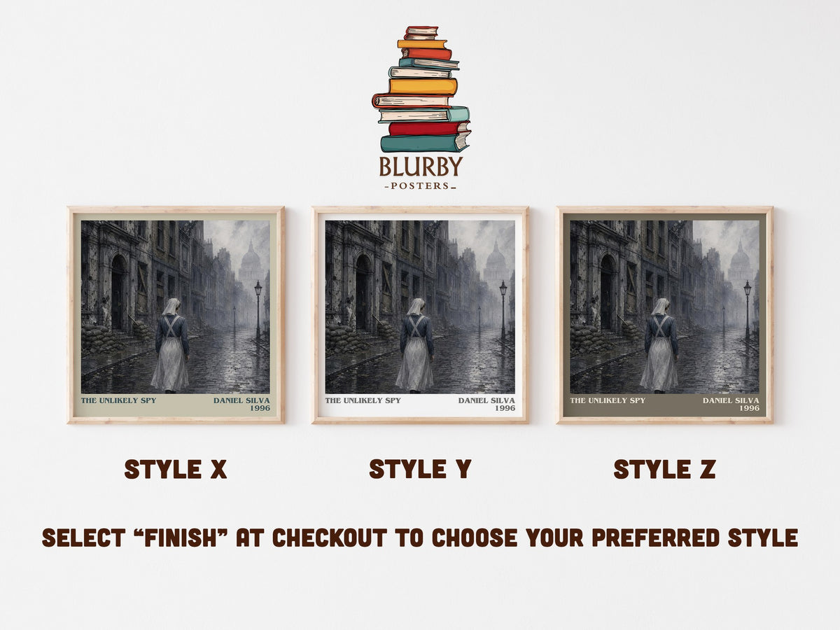 The Unlikely Spy literary print in frame leaning in hallway – thriller wall art (mockup)