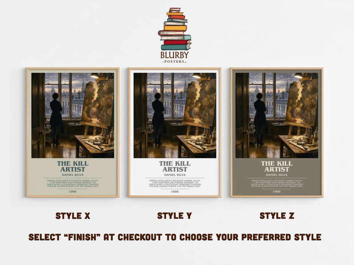 The Kill Artist bookish print in frame leaning in hallway – thriller wall art (mockup)