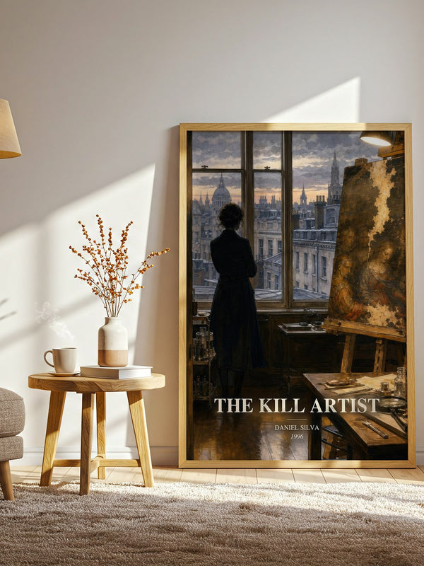 The Kill Artist watercolour print in frame leaning in hallway – thriller wall art