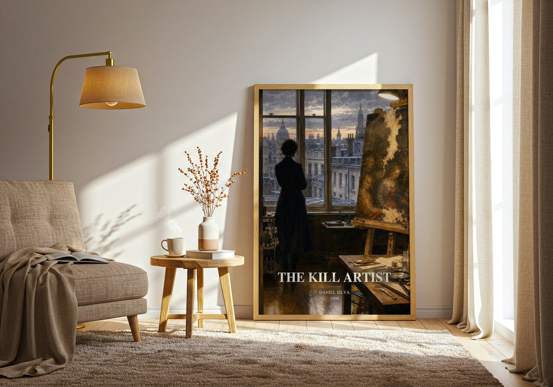 The Kill Artist watercolour print in frame leaning in hallway – thriller wall art (mockup)