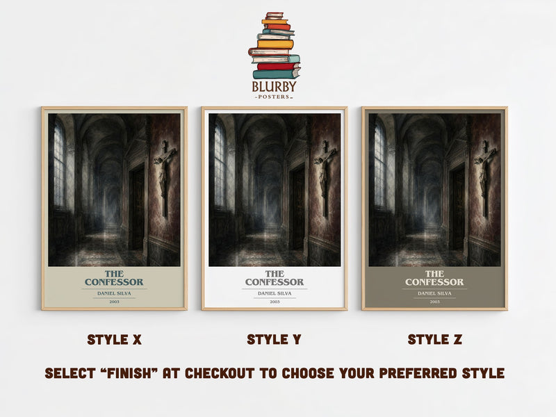 The Confessor book cover print in frame leaning in hallway – thriller wall art