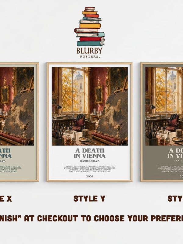 A Death in Vienna bookish print in frame leaning in hallway – thriller wall art