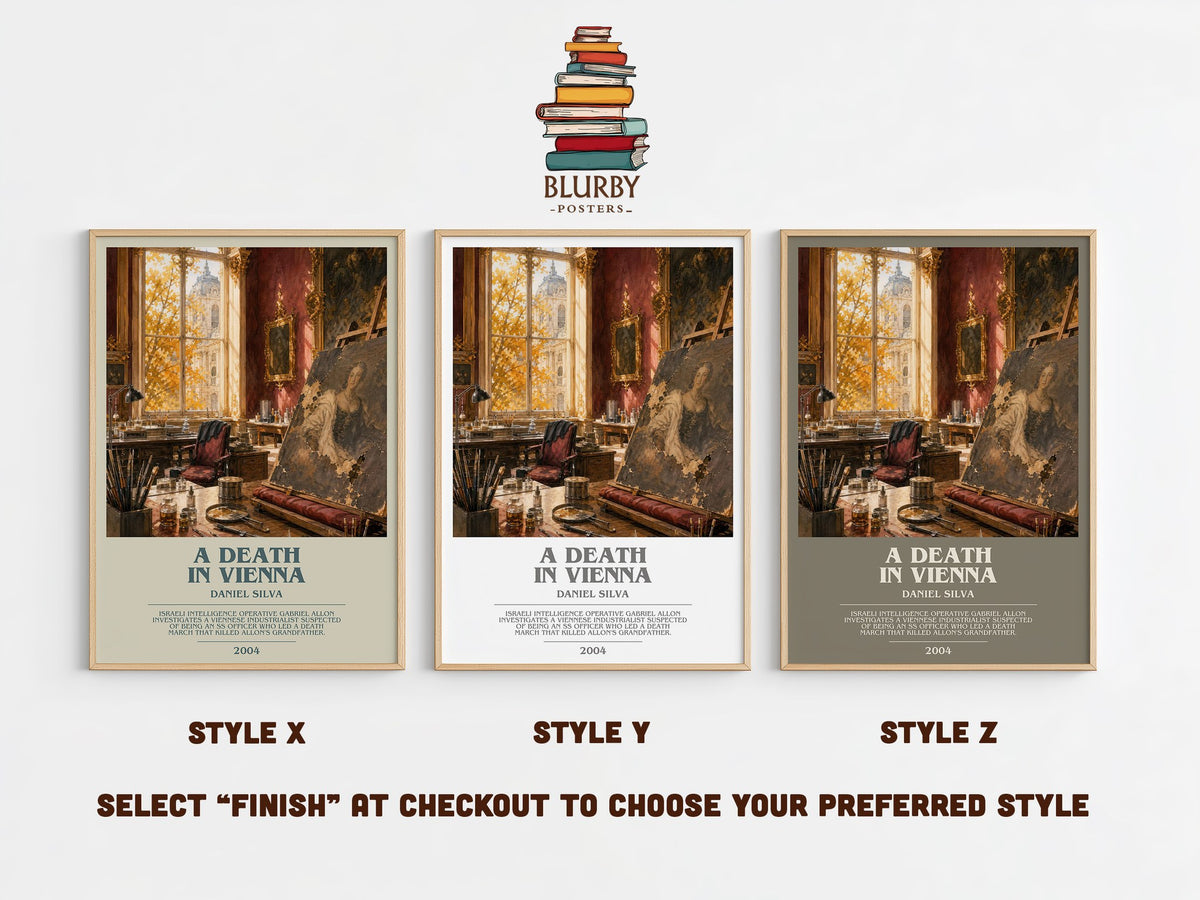 A Death in Vienna bookish print in frame leaning in hallway – thriller wall art (mockup)