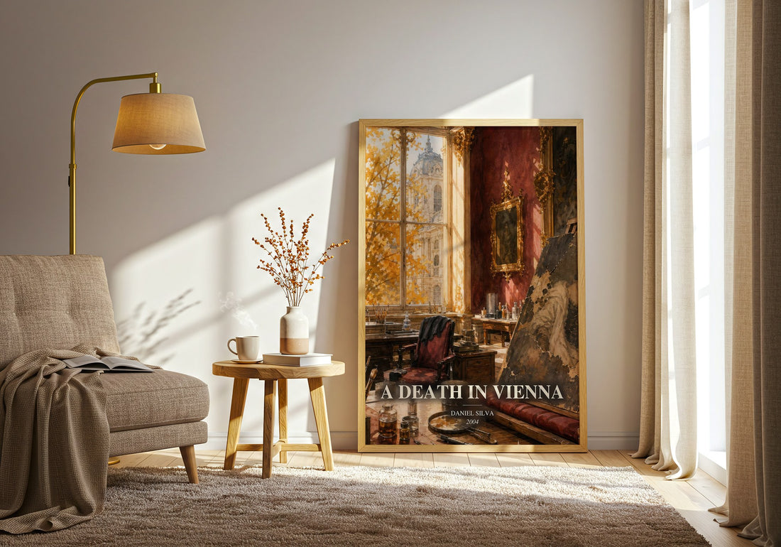 A Death in Vienna watercolour print in frame leaning in hallway – thriller wall art (mockup)