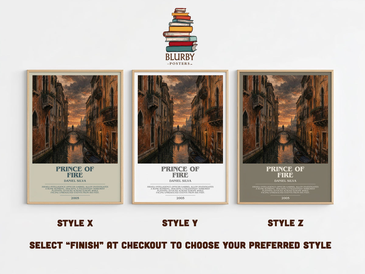 Prince of Fire bookish print in frame leaning in hallway – thriller wall art (mockup)