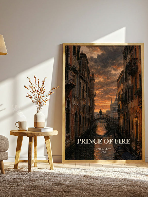 Prince of Fire watercolour print in frame leaning in hallway – thriller wall art