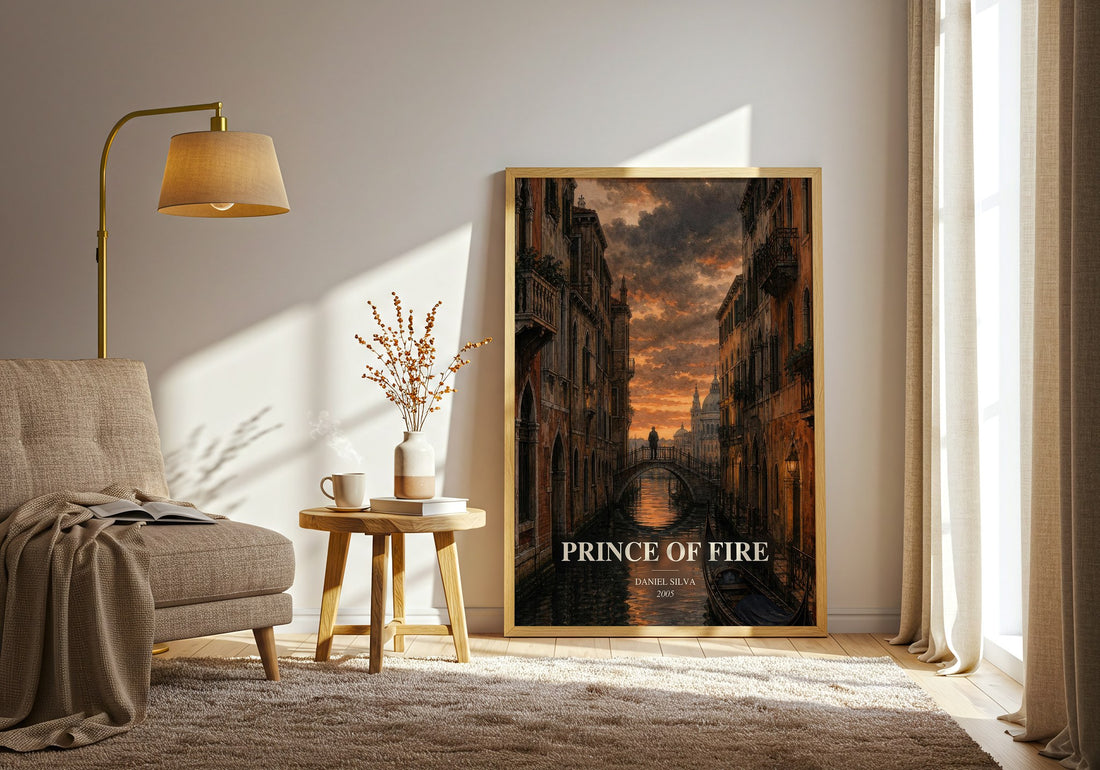 Prince of Fire watercolour print in frame leaning in hallway – thriller wall art (mockup)