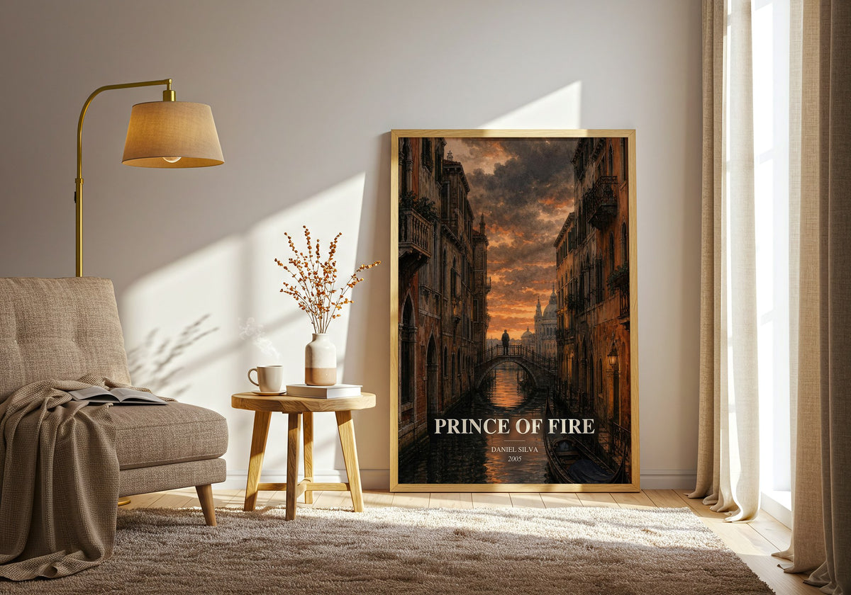 Prince of Fire watercolour print in frame leaning in hallway – thriller wall art (mockup)