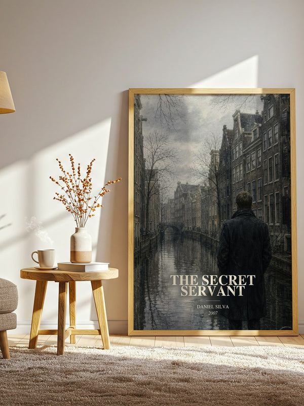 The Secret Servant watercolour print in frame leaning in hallway – thriller wall art