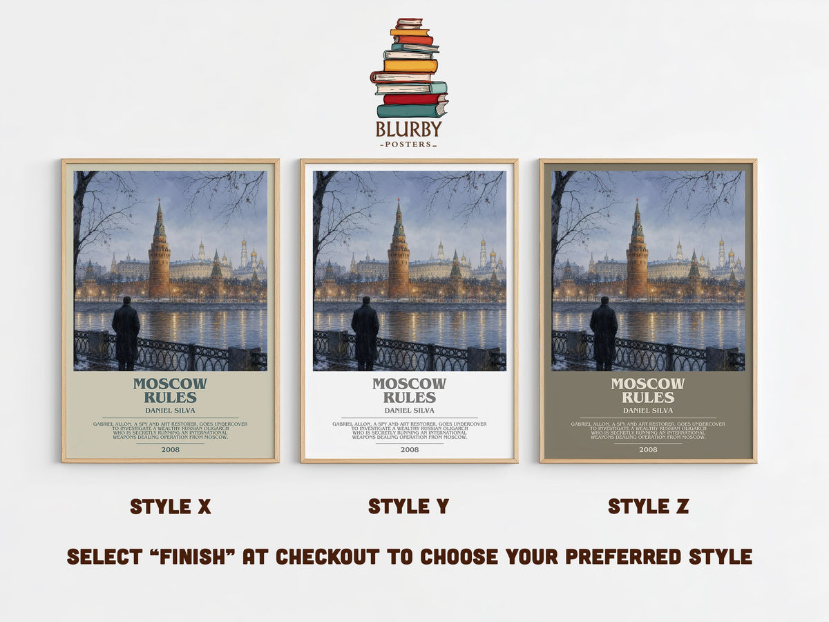 Moscow Rules bookish print in frame leaning in hallway – thriller wall art (mockup)