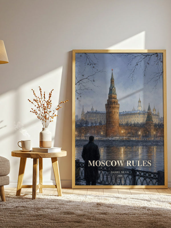 Moscow Rules watercolour print in frame leaning in hallway – thriller wall art