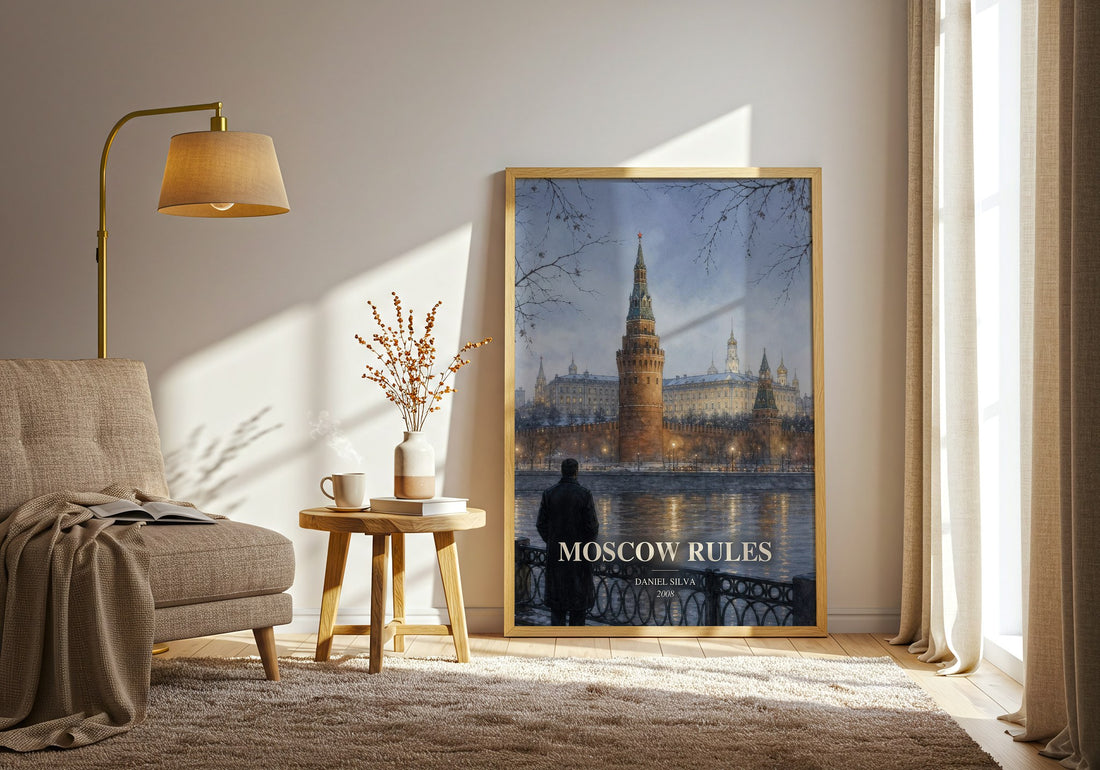Moscow Rules watercolour print in frame leaning in hallway – thriller wall art (mockup)
