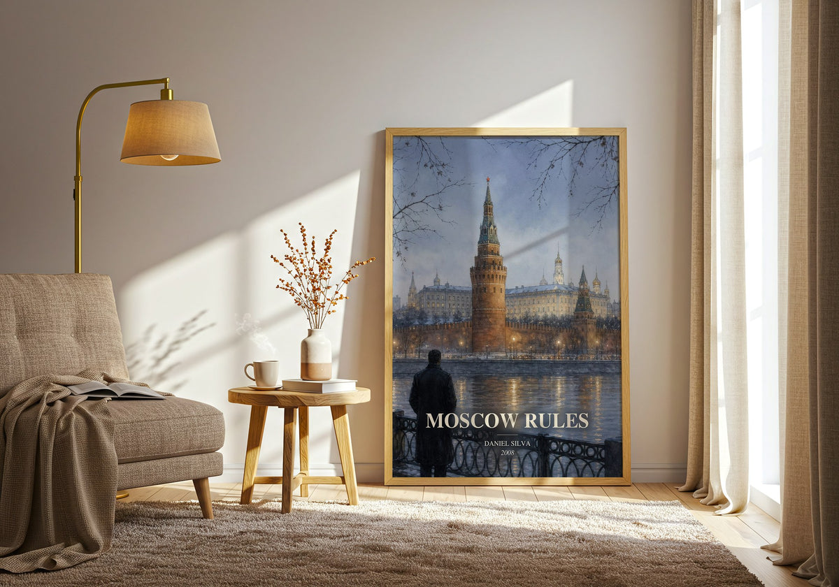 Moscow Rules watercolour print in frame leaning in hallway – thriller wall art (mockup)