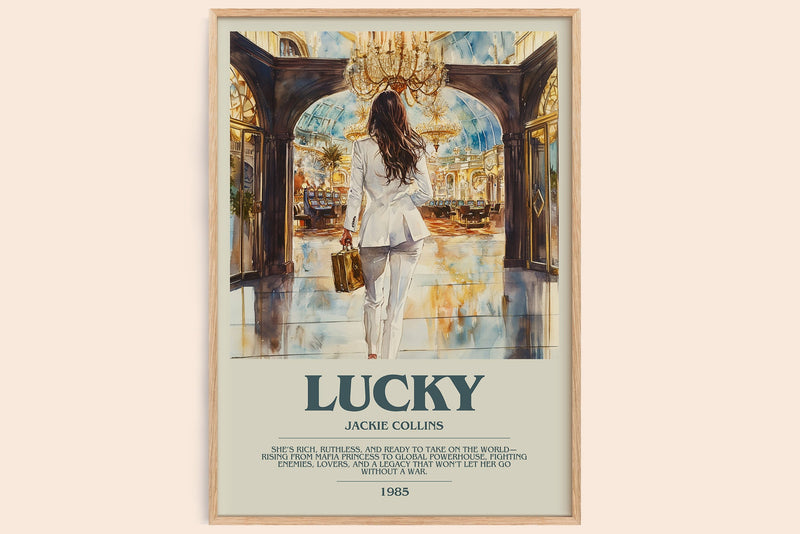 Lucky bookish book poster by Jackie Collins – framed literary art print