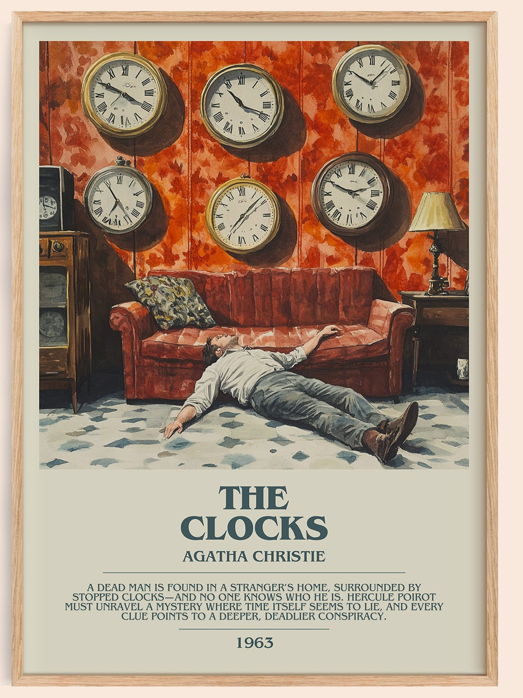 The Clocks bookish book poster by Agatha Christie – framed literary art print