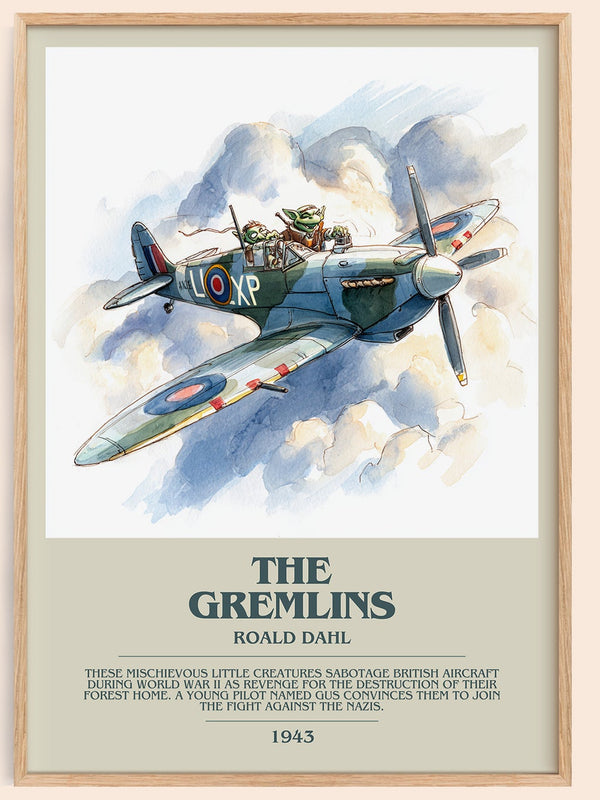 The Gremlins bookish book poster by Roald Dahl – framed literary art print