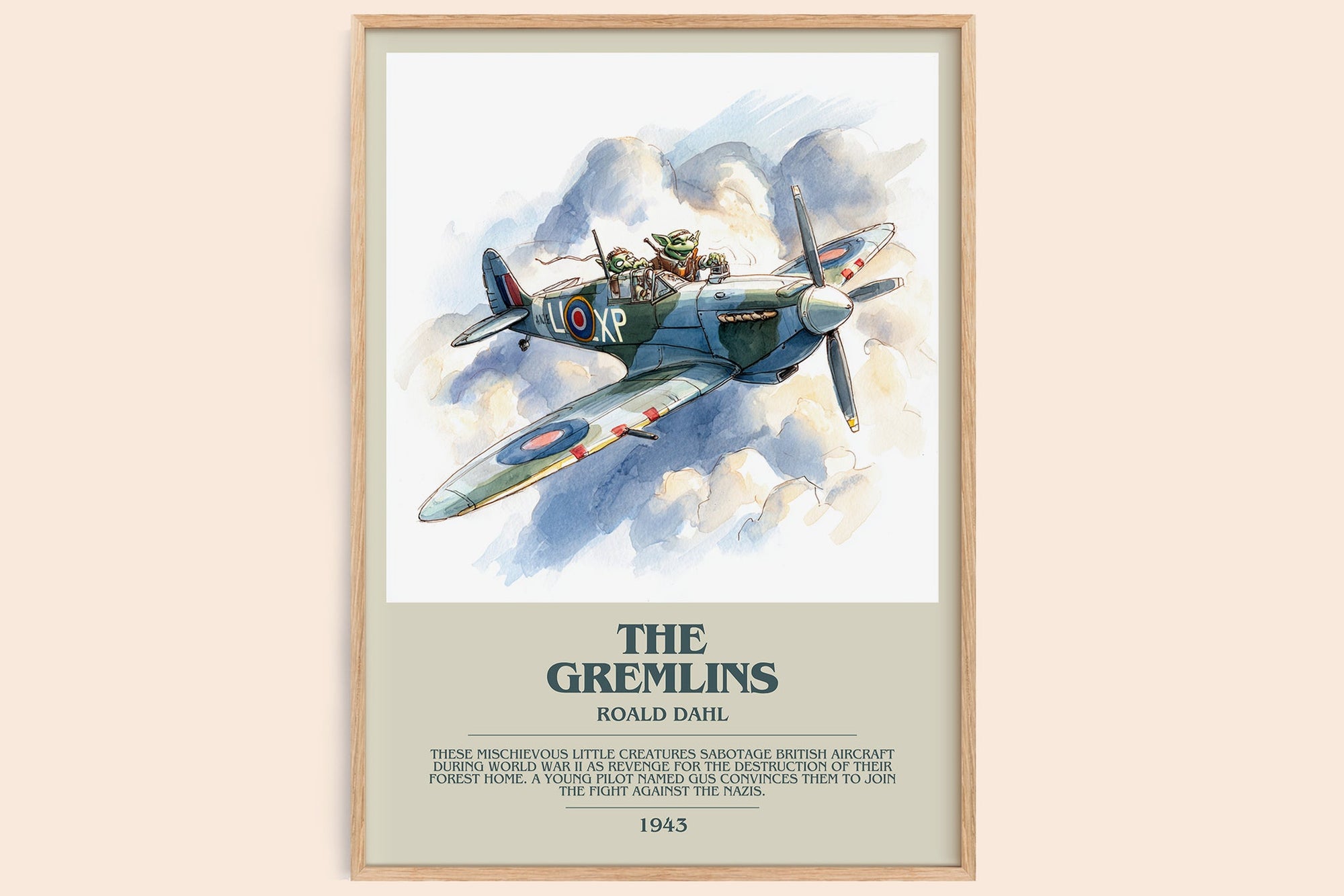 The Gremlins bookish book poster by Roald Dahl – framed literary art print