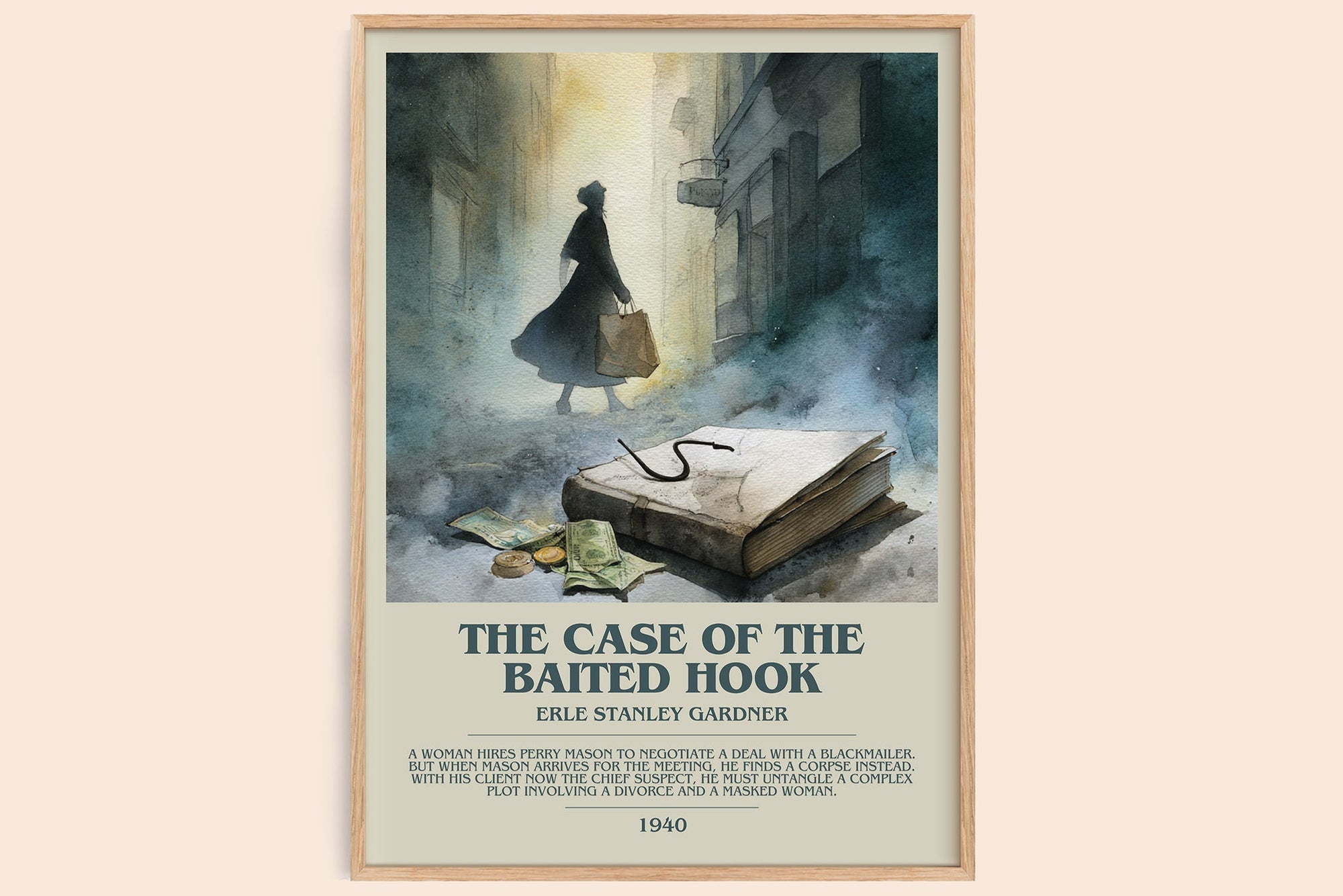The Case of the Baited Hook bookish book poster by Erle Stanley Gardner – framed literary art print