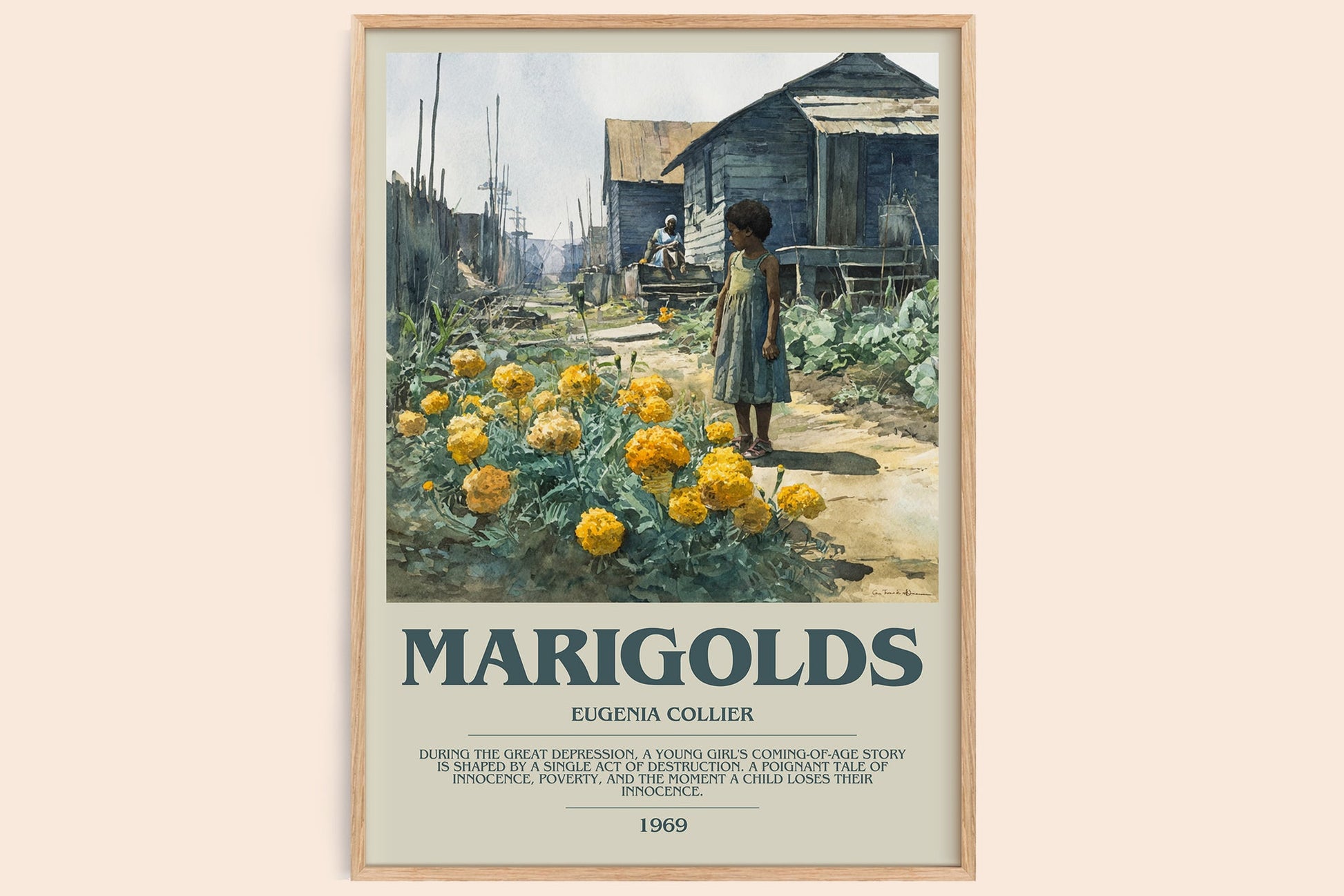 Marigolds bookish book poster by Eugenia Collier – framed literary art print