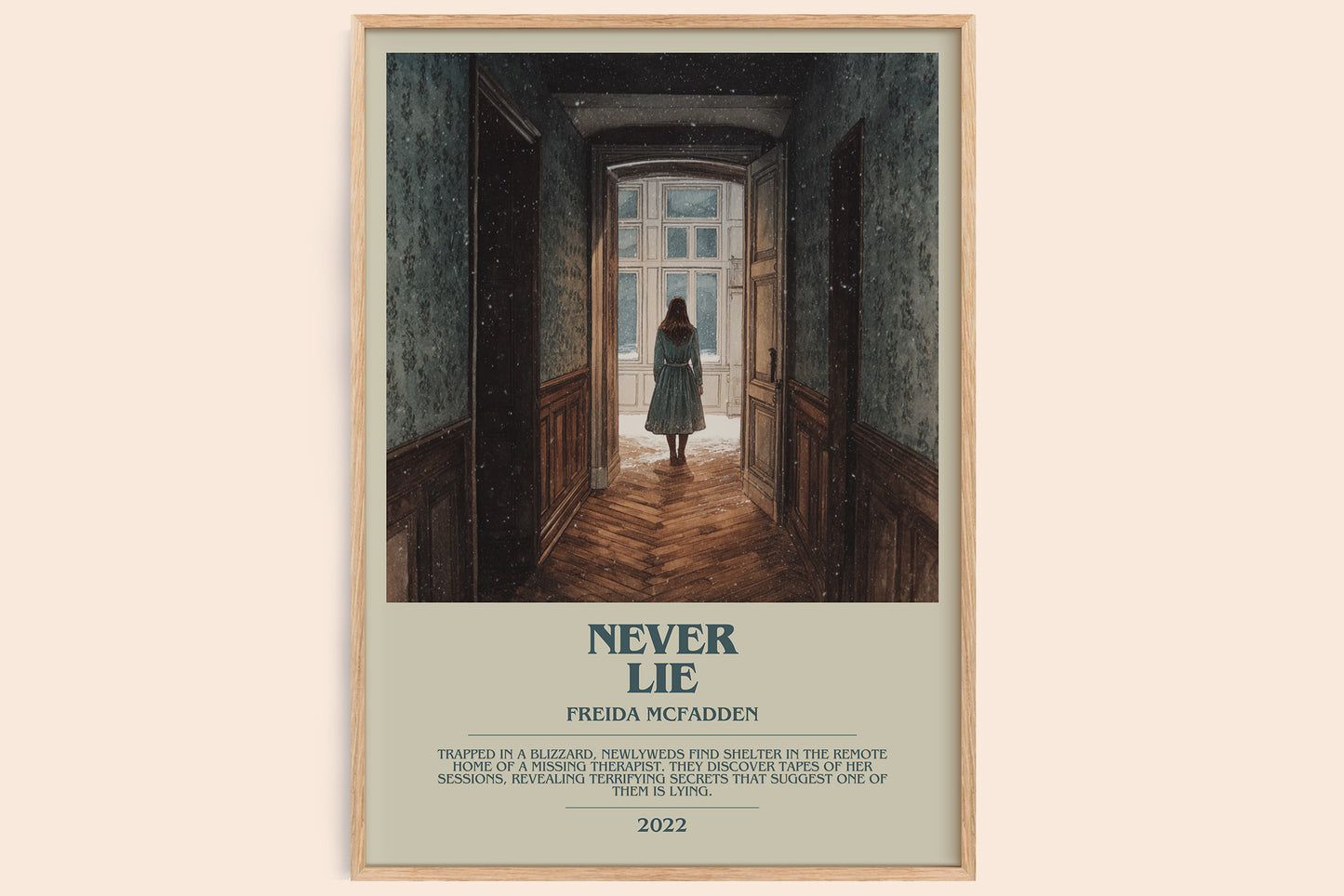Never Lie bookish book poster by Freida McFadden – framed literary art print