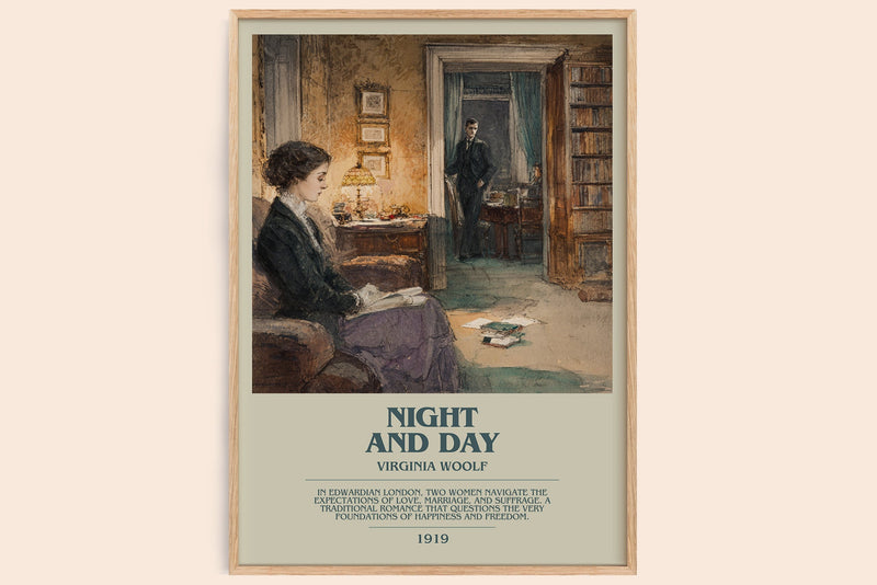 Night and Day bookish book poster by Virginia Woolf – framed literary art print