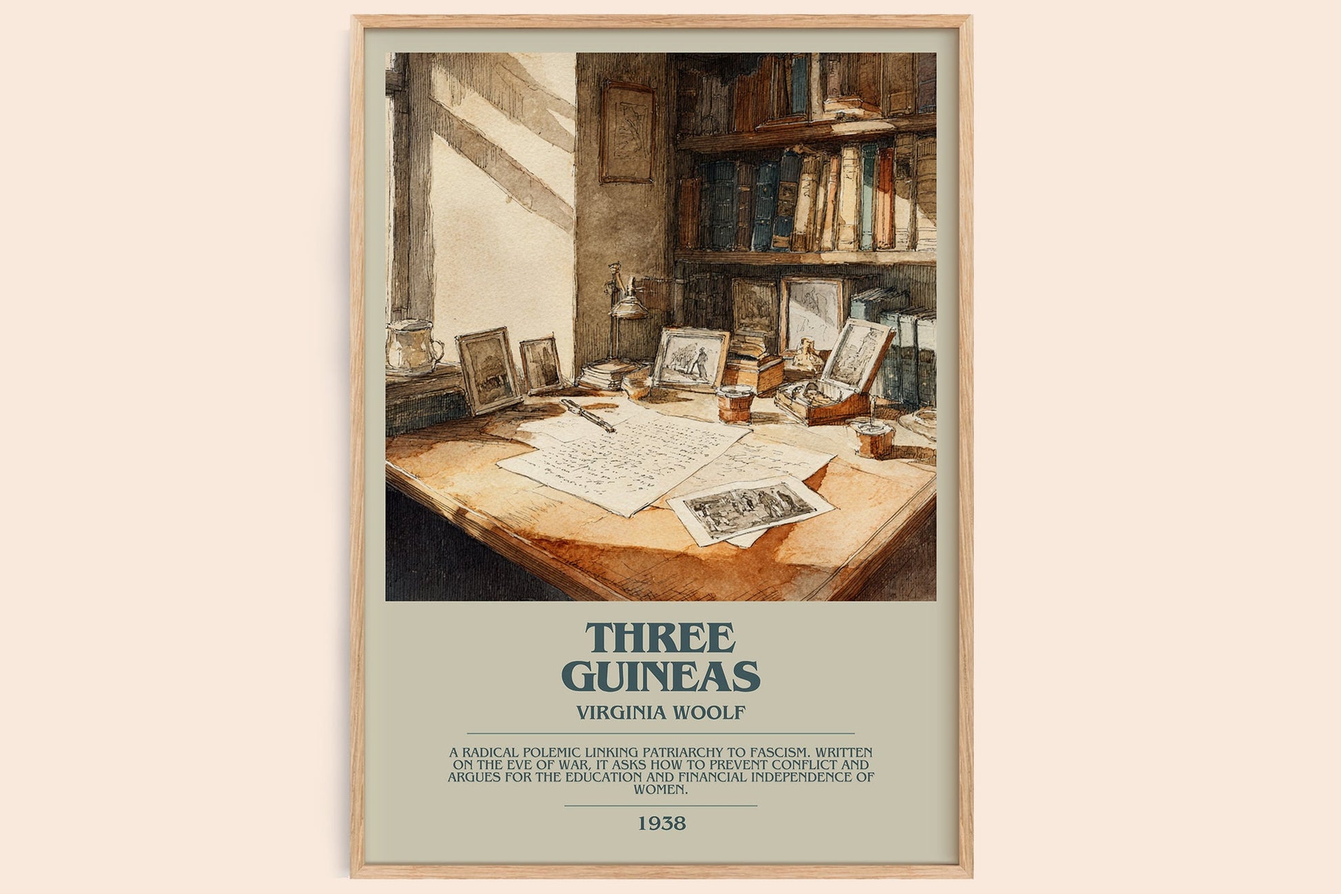 Three Guineas bookish book poster by Virginia Woolf – framed literary art print