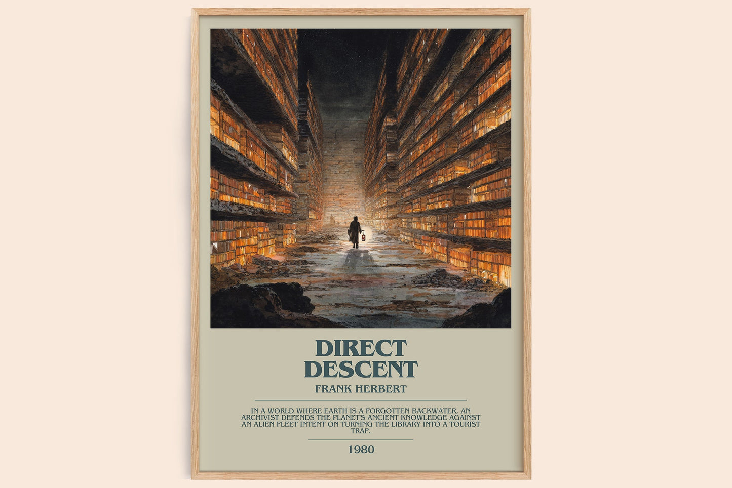Direct Descent bookish book poster by Frank Herbert – framed literary art print