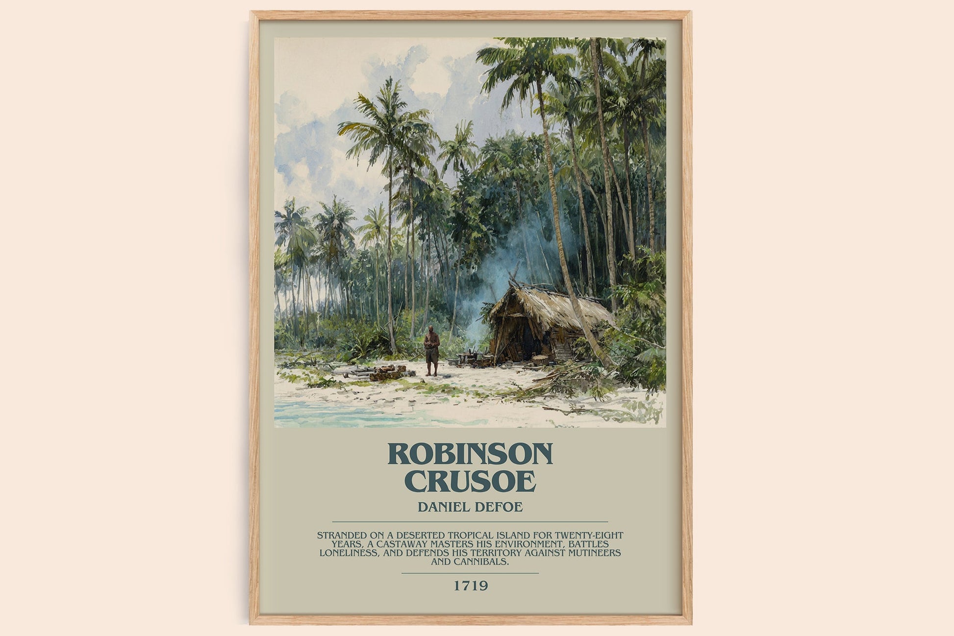 Robinson Crusoe bookish book poster by Daniel Defoe – framed literary art print