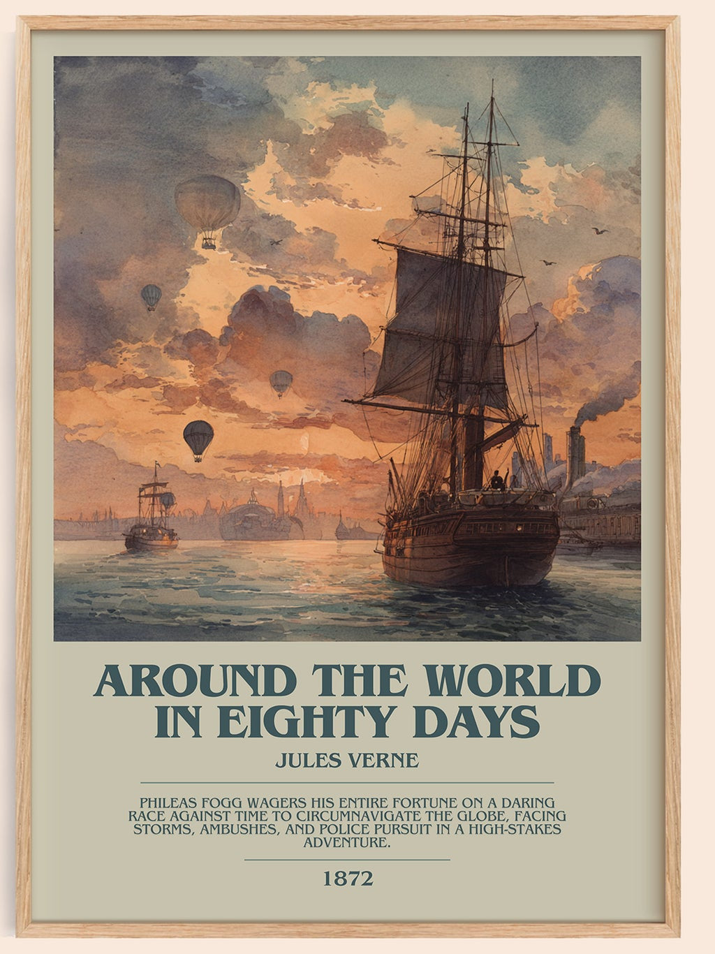 Around the World in Eighty Days bookish book poster by Jules Verne – framed literary art print