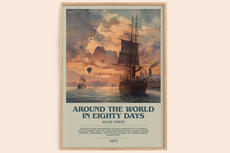 Around the World in Eighty Days bookish book poster by Jules Verne – framed literary art print