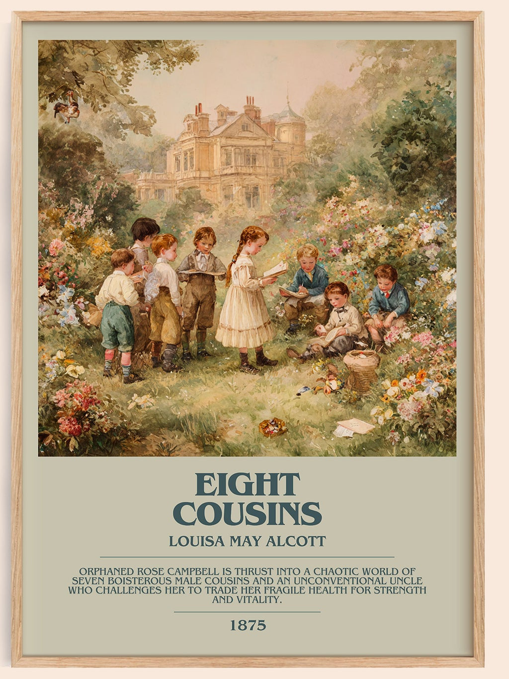 Eight Cousins bookish book poster by Louisa May Alcott – framed literary art print