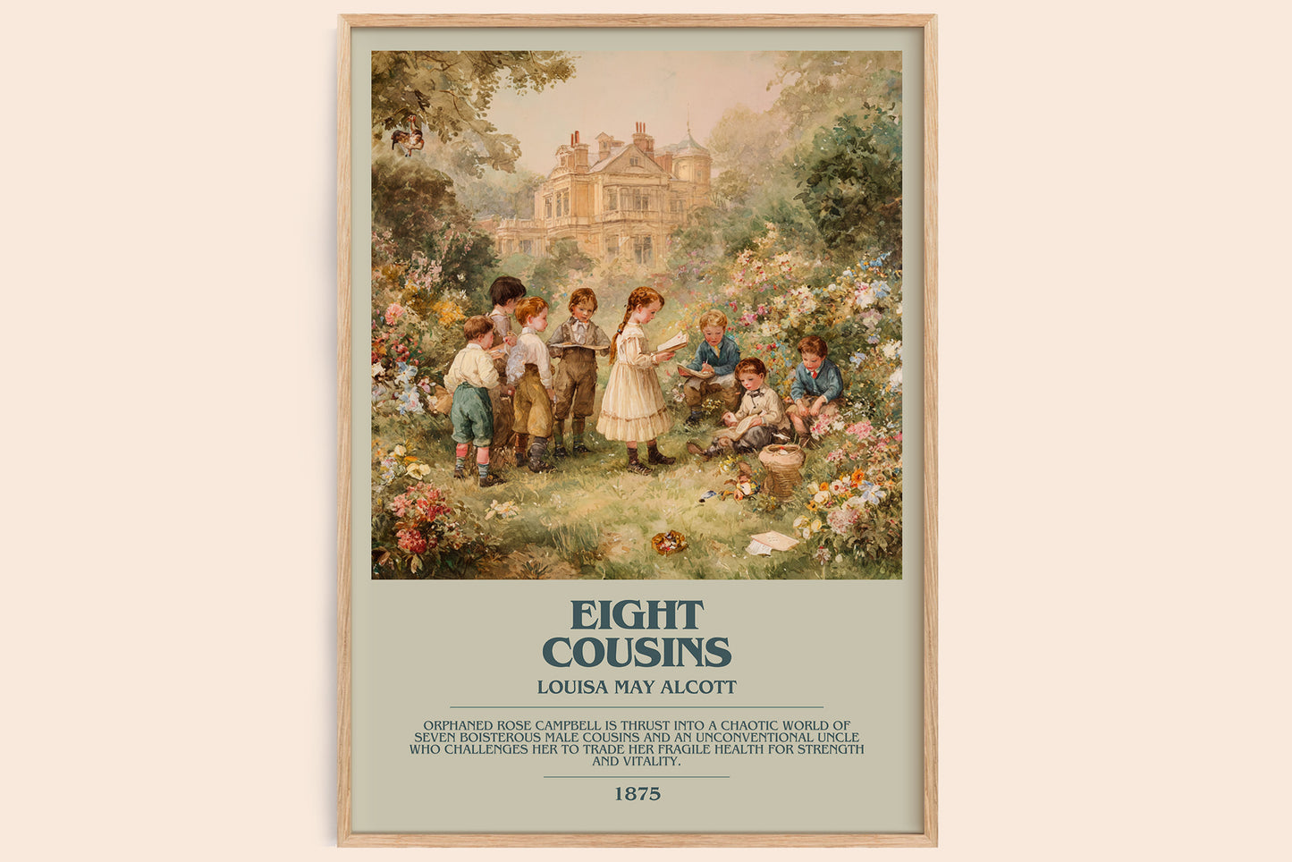 Eight Cousins bookish book poster by Louisa May Alcott – framed literary art print