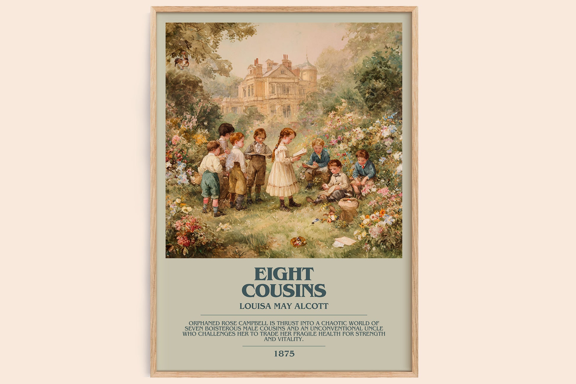 Eight Cousins bookish book poster by Louisa May Alcott – framed literary art print