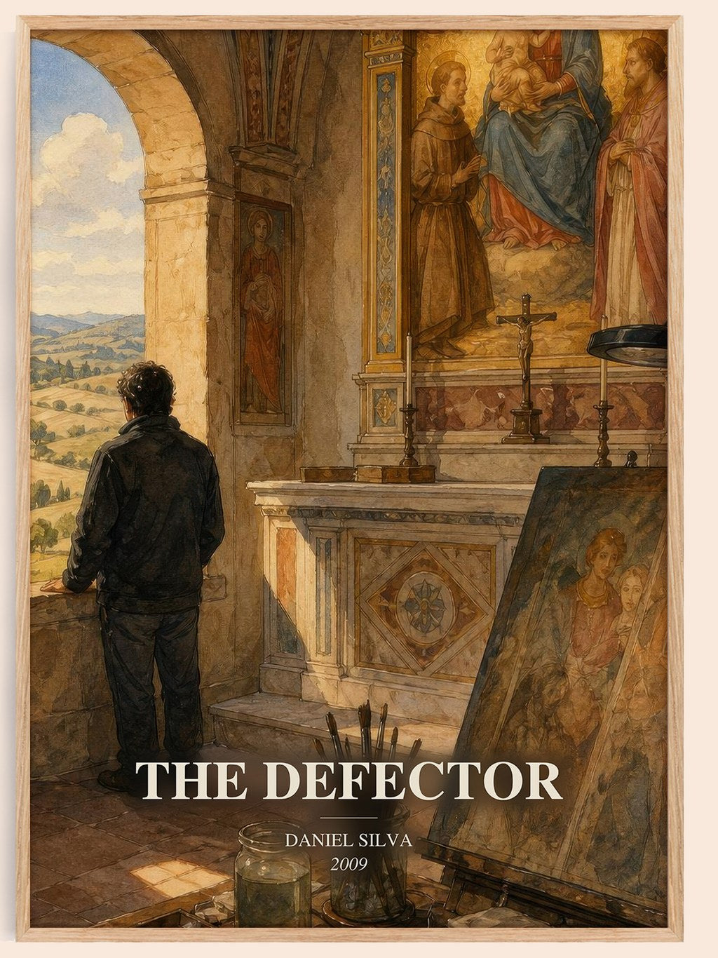 The Defector watercolour book poster by Daniel Silva – framed literary art print