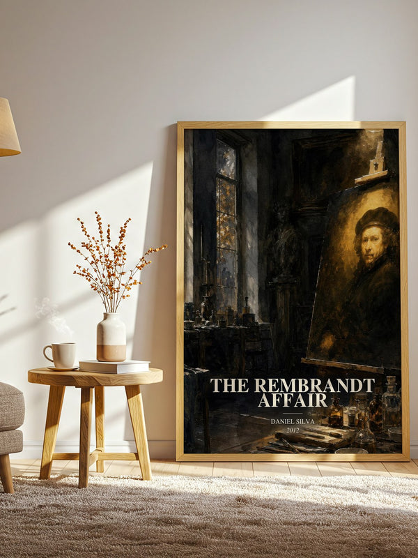 The Rembrandt Affair watercolour print in frame leaning in hallway – thriller wall art