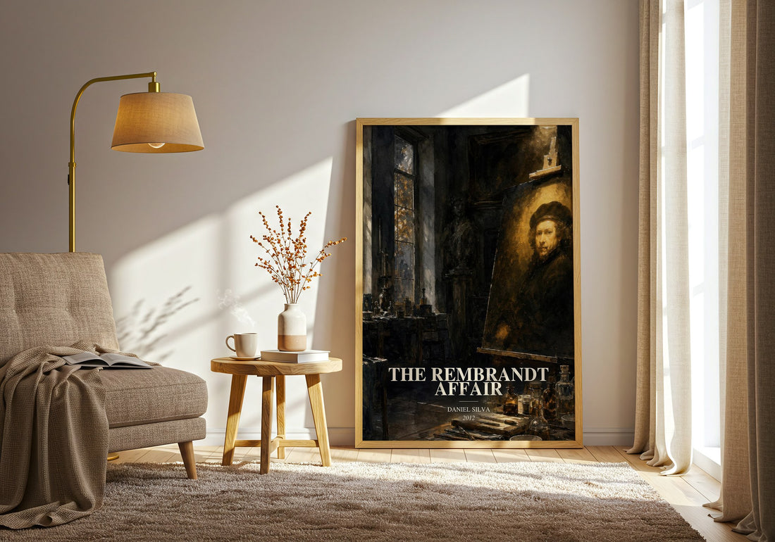 The Rembrandt Affair watercolour print in frame leaning in hallway – thriller wall art (mockup)