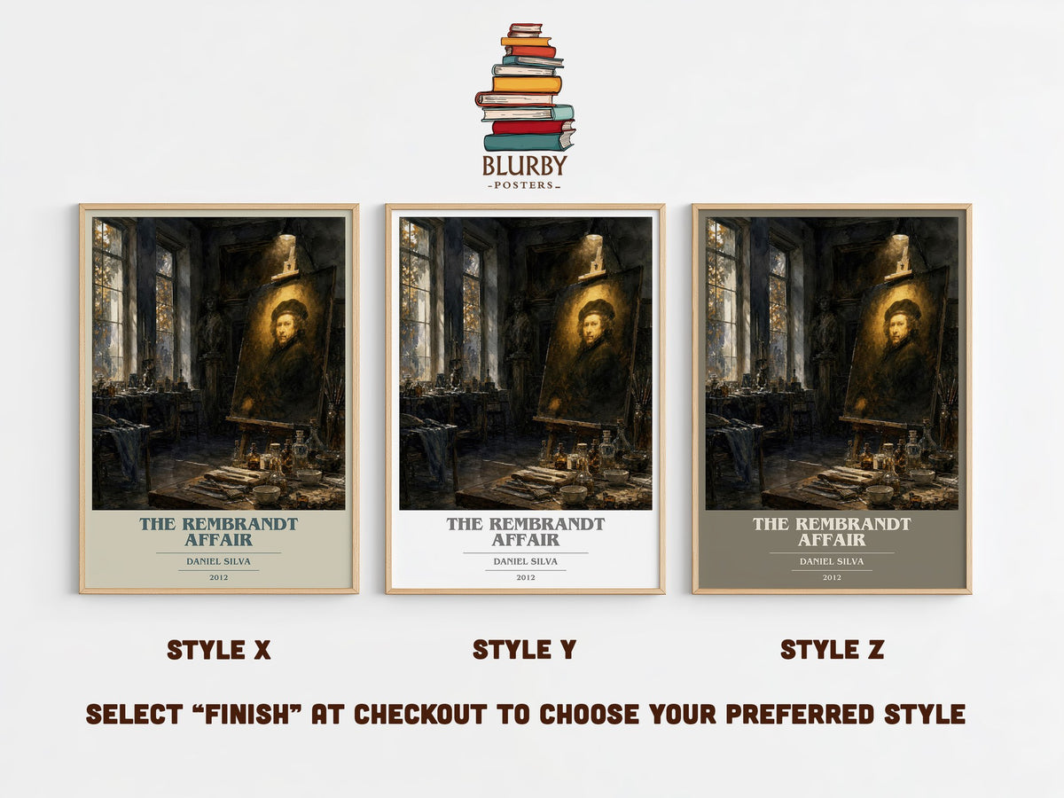 The Rembrandt Affair book cover print in frame leaning in hallway – thriller wall art (mockup)