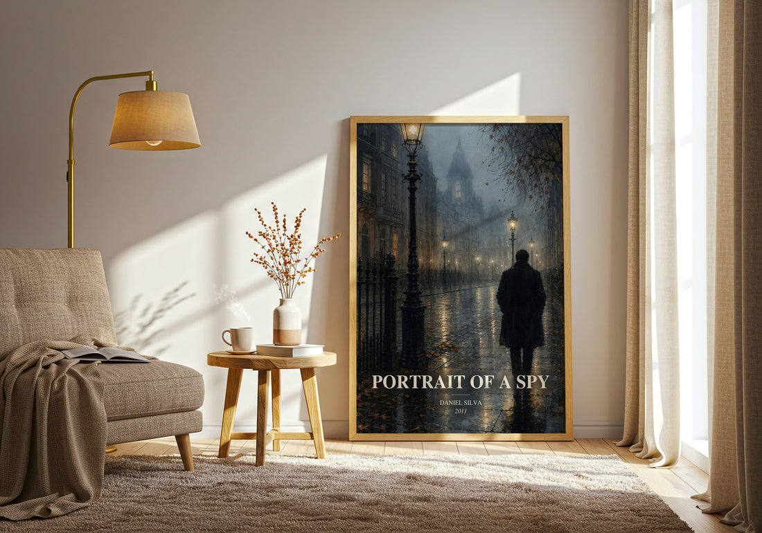 Portrait of a Spy watercolour print in frame leaning in hallway – thriller wall art (mockup)