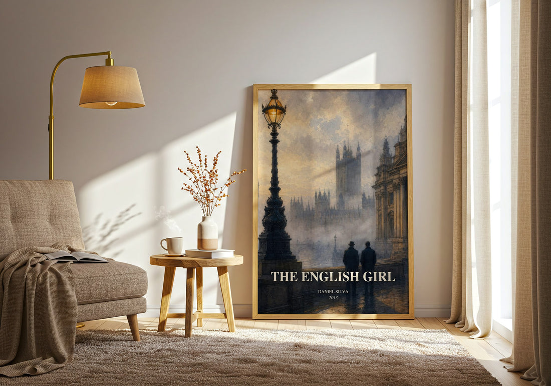 The English Girl watercolour print in frame leaning in hallway – thriller wall art (mockup)