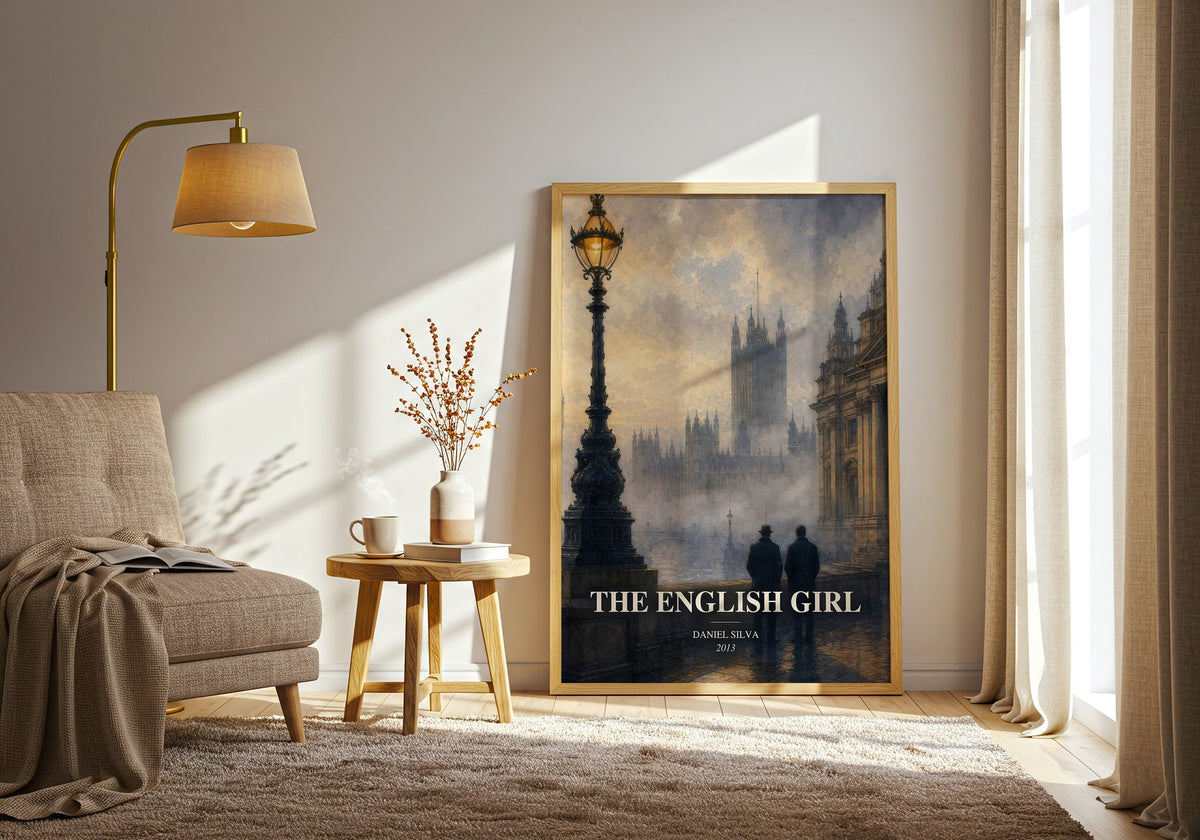 The English Girl watercolour print in frame leaning in hallway – thriller wall art (mockup)
