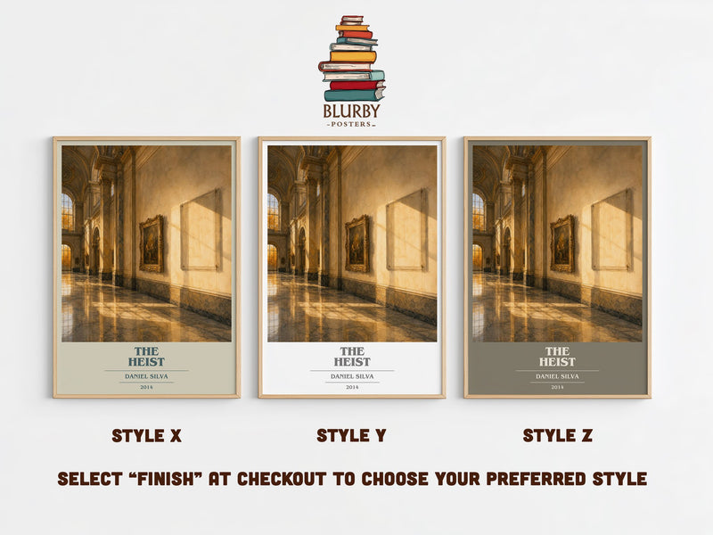 The Heist book cover print in frame leaning in hallway – thriller wall art